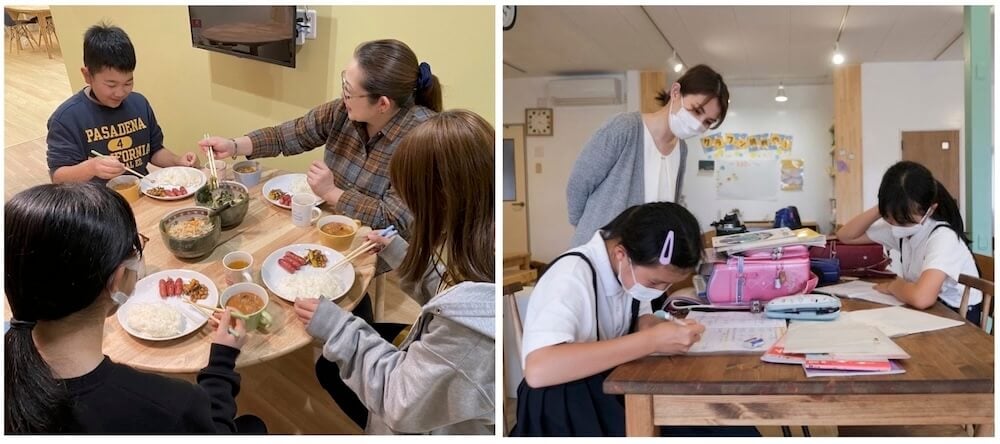 写真左：一緒にご飯を食べる子どもとスタッフ
写真右：宿題に取り組む子どもと見守るスタッフ