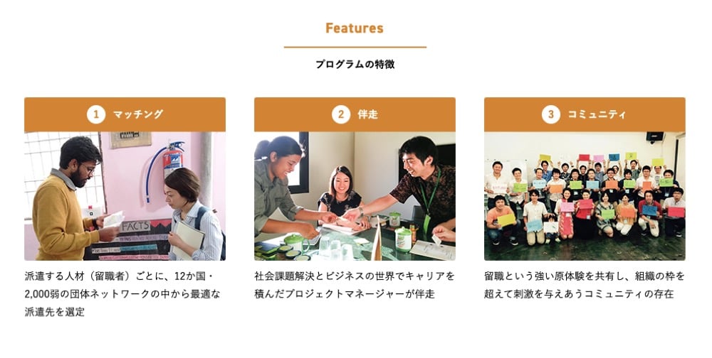 「Featuresプログラムの特徴」というタイトルの下に3つの特徴が示されている。
1.マッチング派遣する人材(留職者)ごとに、12か国・200以上の団体ネットワークの中から最適な派遣先を選定
2.伴走社会課題解決とビジネスの世界でキャリアを積んだプロジェクトマネージャーが伴走
3.コミュニティ留職という強い原体験を共有し、組織の枠を超えて刺激を与えあうコミュニティの存在)