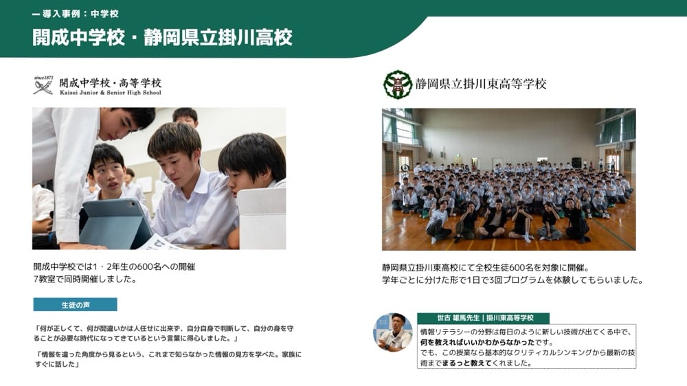 中学校・高校での導入事例を紹介する資料。開成中学校と静岡県立掛川東高校での実施状況、参加生徒数、授業風景の写真、生徒と教員からの感想コメントが掲載されている