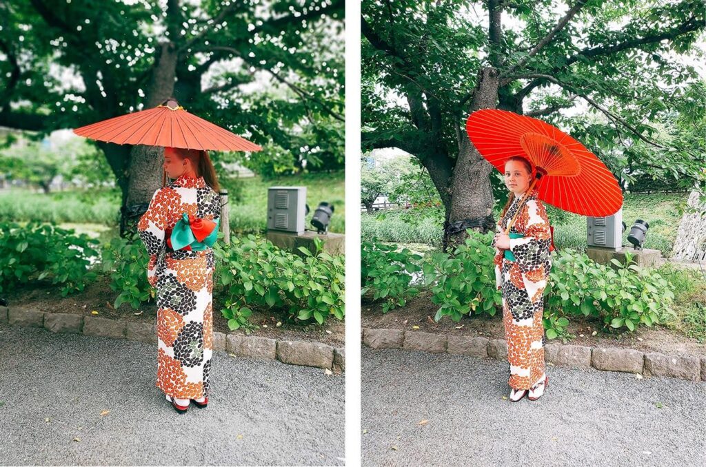 画像左：着物を着たカティアさんの後ろ姿、画像右：着物姿のカティアさん