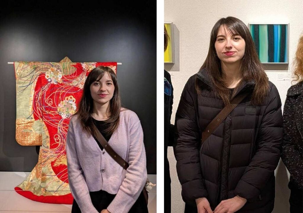 写真左：展示されている着物の前に立つウリヤナさん、写真右：現代アートの展覧会でのウリヤナさん