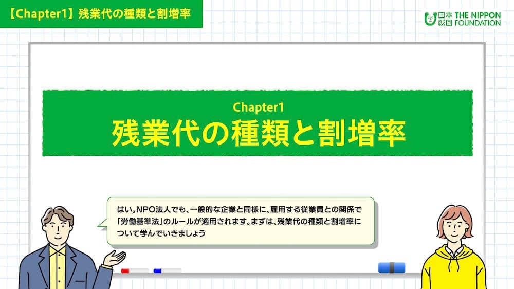 イラスト:「残業代の種類と割増率」について案内する男女キャラクター