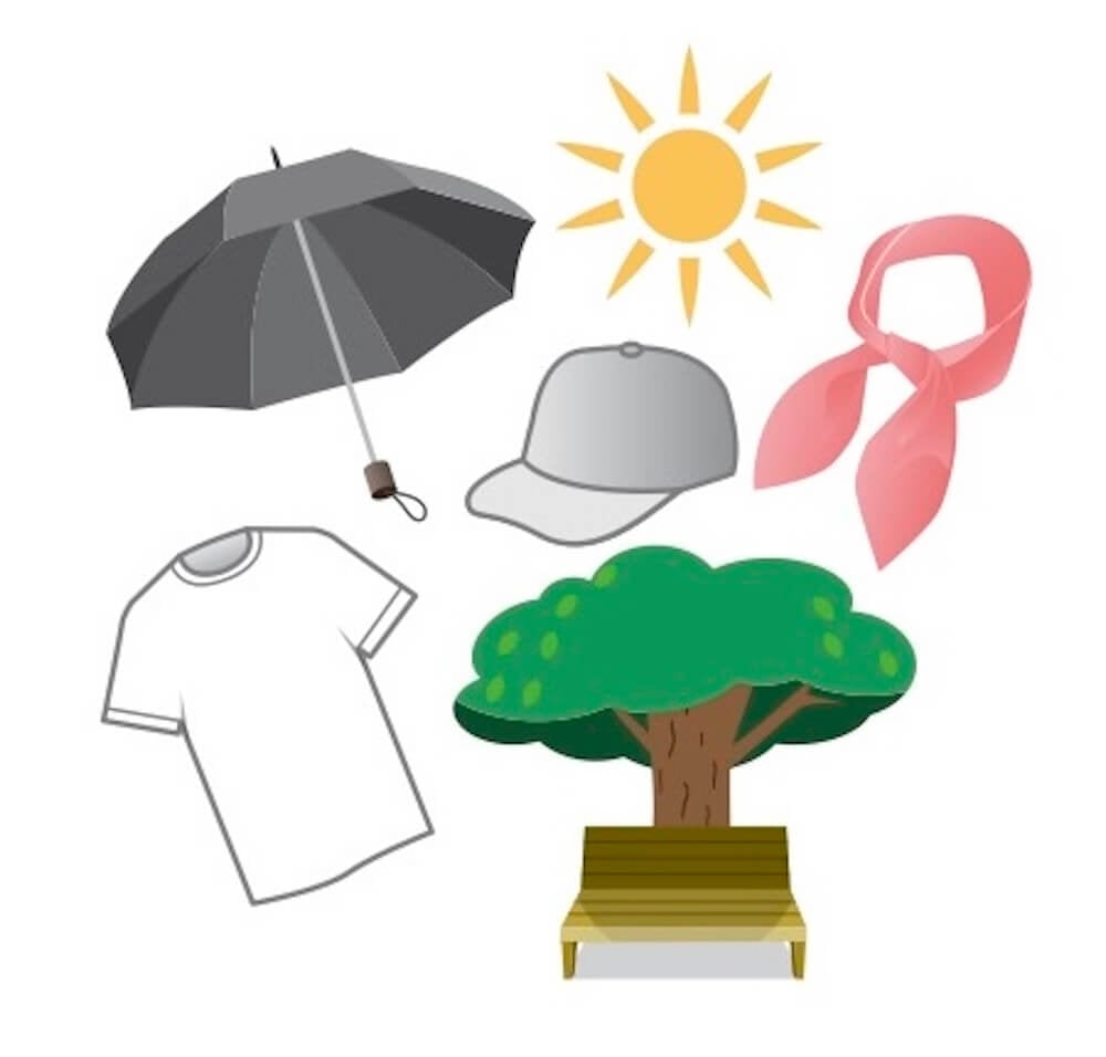 イラスト：
日傘、帽子、ネックタオル、Tシャツ、木陰にあるベンチ
