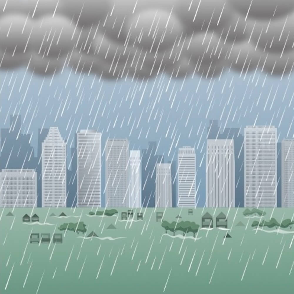 大雨で水没する都市