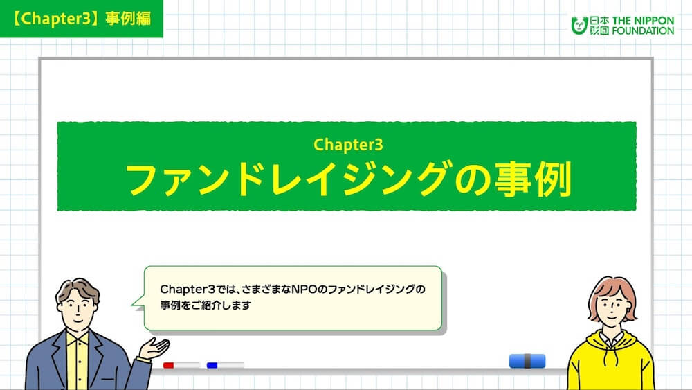 イラスト：「ファンドレイジングの事例」について案内する男女キャラクター
