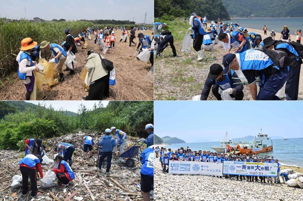 画像：各地の清掃活動の様子。画像上段左より、旭川河川敷（岡山県岡山市）、荒代海岸（広島県江田島市）。画像下段左より、御所ヶ浜（愛媛県伊方町）、手島（香川県丸亀市）。