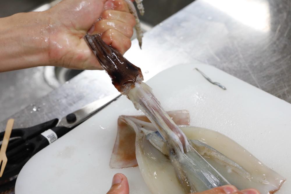 イカの胴体を強く抑えて、イカの足を掴んで引っ張っている様子