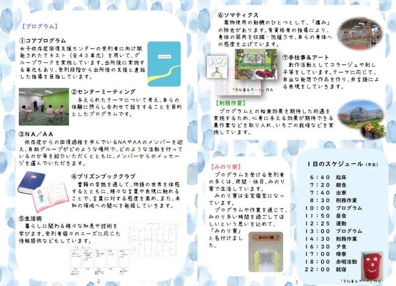女子依存症回復支援センターのプログラム概要。タイトル「プログラム」の下に、写真付きで5つの項目が並んでいる。1.コアプログラム、2.センターミーティング、3.NA/AA、4.プリズンブッククラブ、5.生活術、6.ソマティクス、7.手仕事＆アート、そして刑務作業。

女子依存症回復支援センターの平日の一日のスケジュールと、「みのり寮」の概要と、平日の一日のスケジュールが記載されている。

みのり寮の概要。
プログラムを受ける受刑者の多くは、夜間・休日、みのり寮で生活しています。みのり寮は全個室となっています。プログラムや作業を通じて、みのり多い時間を過ごしてほしいという思いを込めて、「みのり寮」と名付けられました。

平日の一日のスケジュール
6:40：起床
7:20：朝食
7:40：出発
8:30：刑務作業
10:00：プログラム
11:50：昼食
12:25：運動
13:00：プログラム
14:30：刑務作業
16:30：夕食
17:00：帰寮
18:00：余暇活動
22:00：就寝