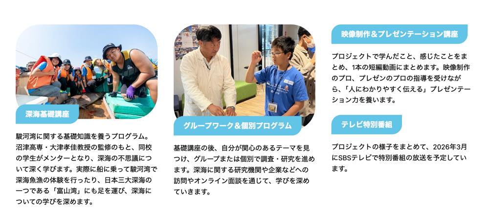 ●深海基礎講座
駿河湾に関する基礎知識を養うプログラム。沼津高専・大津孝佳教授の監修のもと、同校の学生がメンターとなり、 深海の不思議について深く学びます。 実際に船に乗って駿河湾で深海魚漁の体験を行ったり、 日本三大深海の
一つである 「富山湾」 にも足を運び、 深海についての学びを深めます。
●グループワーク&個別プログラム
基礎講座の後、 自分が関心のあるテーマを見つけ、グループまたは個別で調査研究を進め
ます。 深海に関する研究機関や企業などへの訪問やオンライン面談を通じて、 学びを深め
ていきます。
●映像制作 & プレゼンテーション講座
プロジェクトで学んだこと、感じたことをまとめ、1本の短編動画にまとめます。 映像制作
のプロ、プレゼンのプロの指導を受けながら、「人にわかりやすく伝える」プレゼンテー
ション力を養います。
●テレビ特別番組
プロジェクトの様子をまとめて、 2026年3月にSBSテレビで特別番組の放送を予定してい
ます。