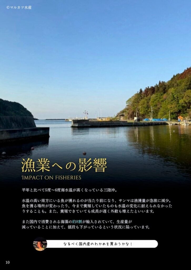 海水温上昇が漁業に与える影響を解説するページ。三陸沖の写真とともに、魚種の変化や生産量減少について説明している。