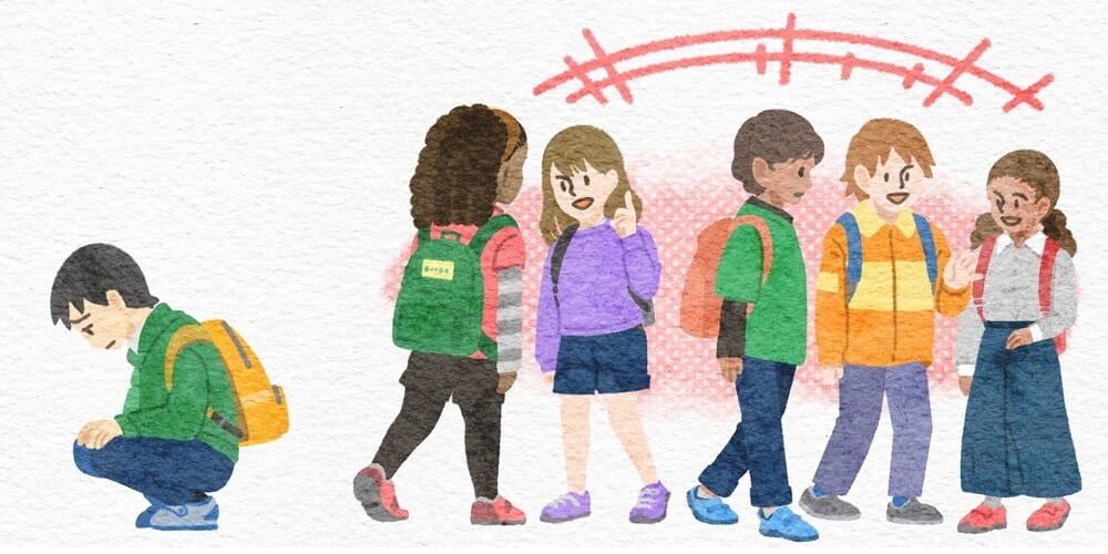イメージ：
左端に孤独を感じる日本の子ども
右に社交性の高い外国人の子どもたち