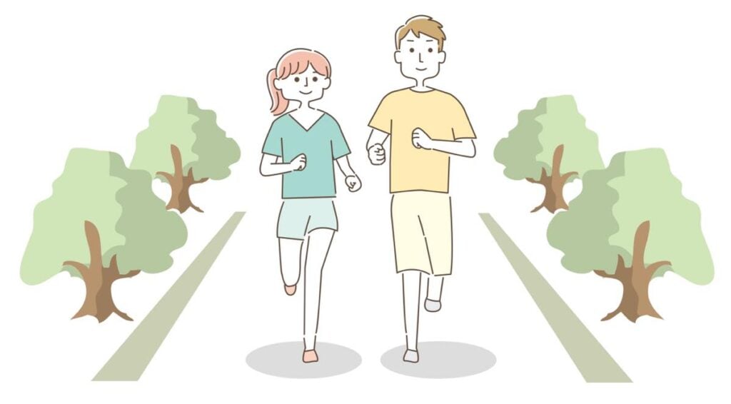 緑豊かな道を笑顔でジョギングする男女を描いたイラスト