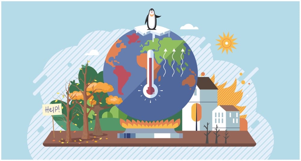 燃える火の上に置かれた地球と温度計、氷山の上で困るペンギンなどを描いた地球温暖化のイメージイラスト
